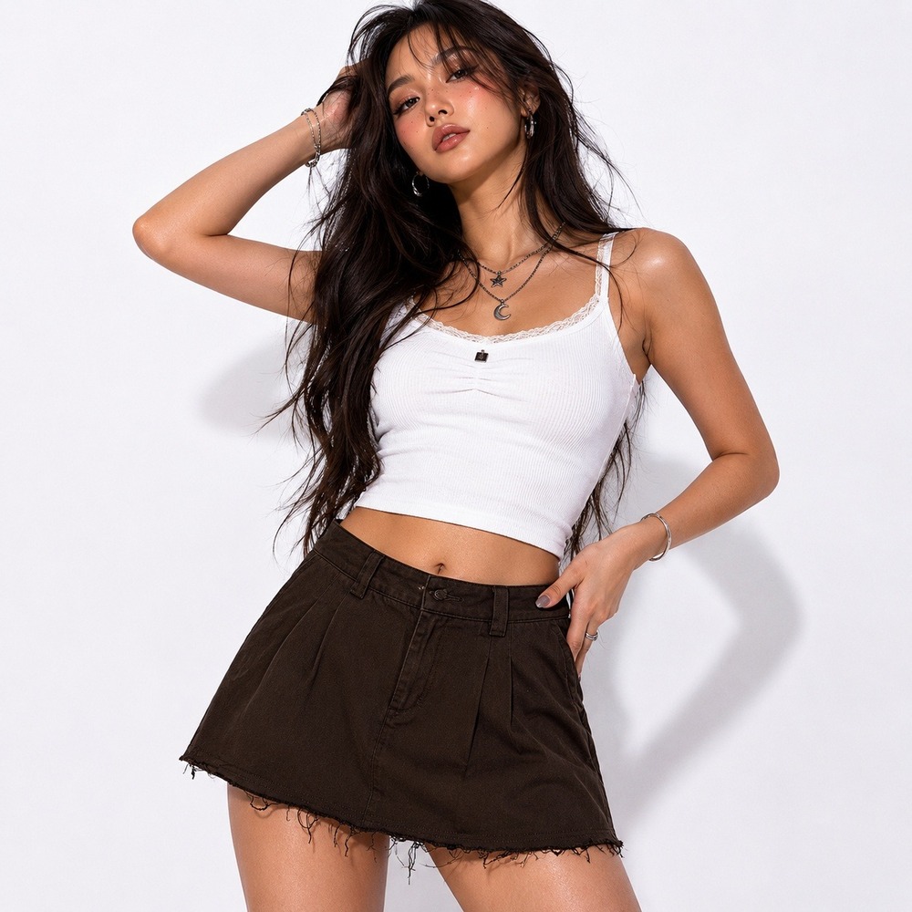 Sky to Moon Brown Pleated Cotton Twill Mini Skirt Raw Hem Size M